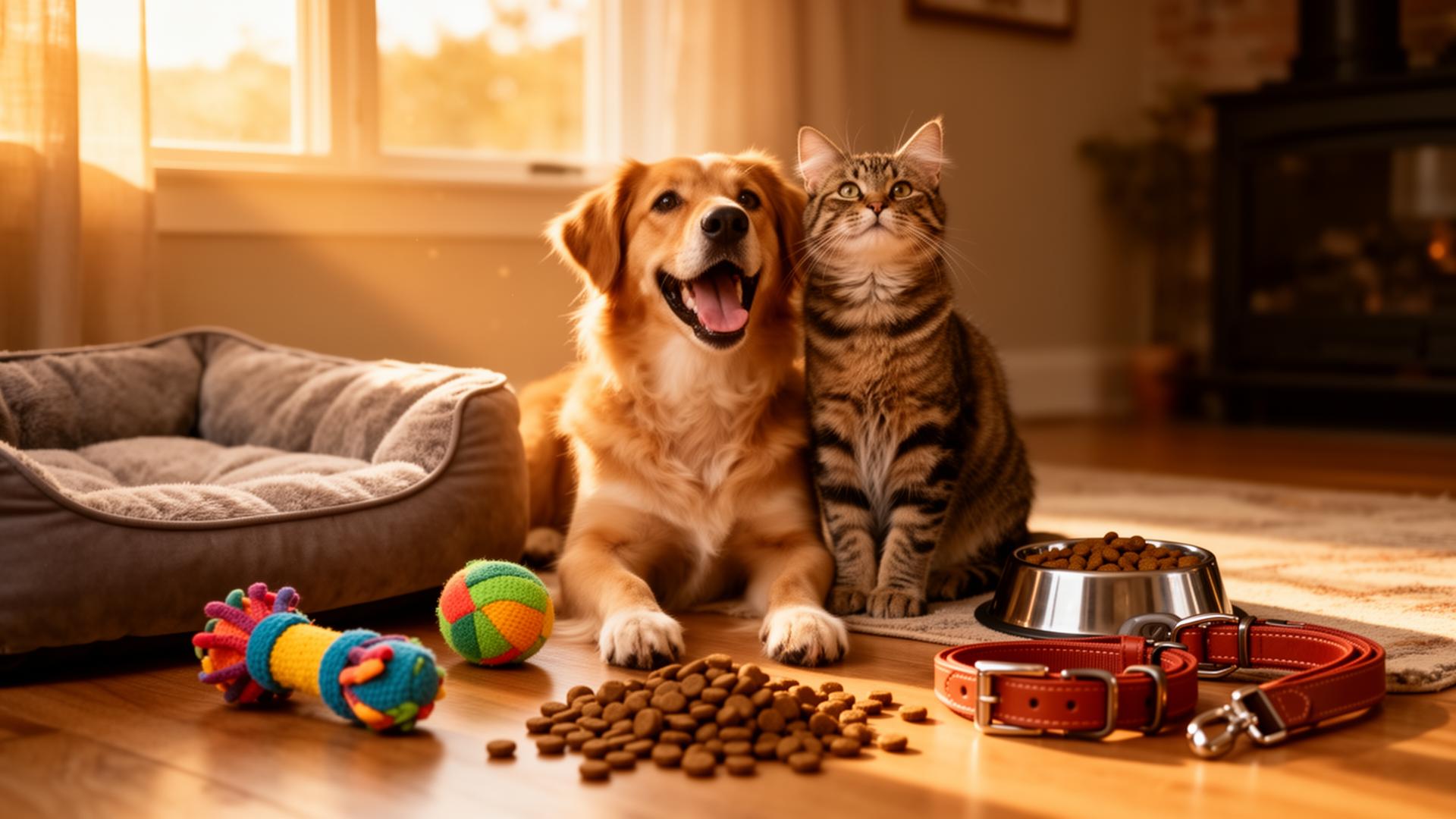 Cachorro e gato felizes cercados de produtos pet em ambiente acolhedor